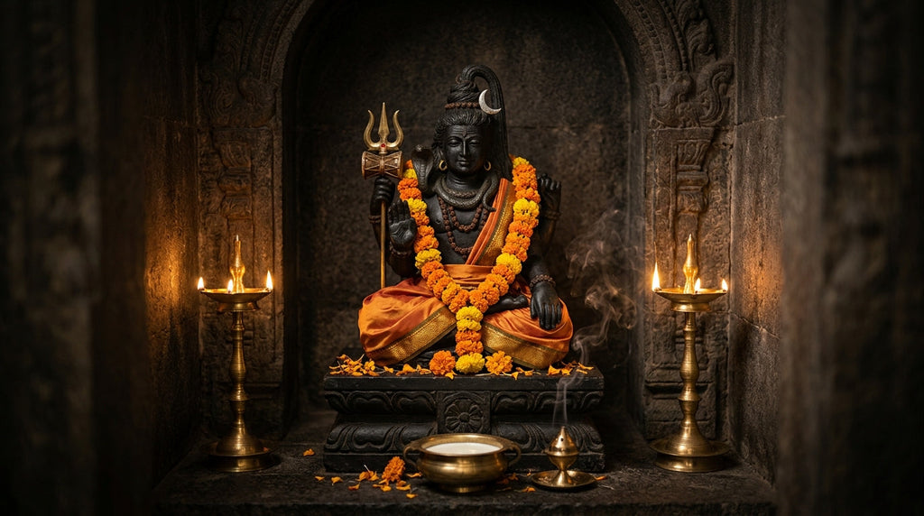Handcrafted Shiva murti with trishul and crescent moon in a mandir niche with diyas and marigolds