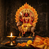 Handcrafted Agni Dev murti seated on a ram holding a spear with flames behind him