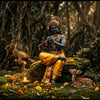 Handcrafted Krishna idol with flute and one foot over knee, deer and arrow nearby