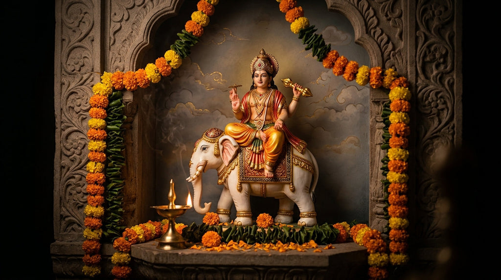 Handcrafted Indra murti on Airavata holding the golden Vajra in a mandir niche