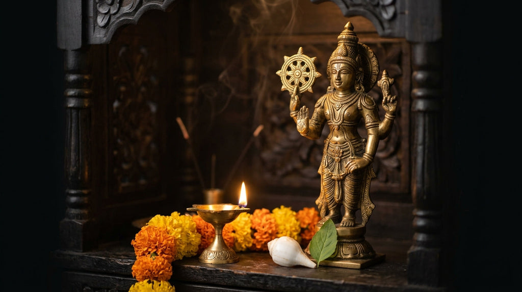 Handcrafted Krishna murti holding Sudarshan Chakra in a home mandir