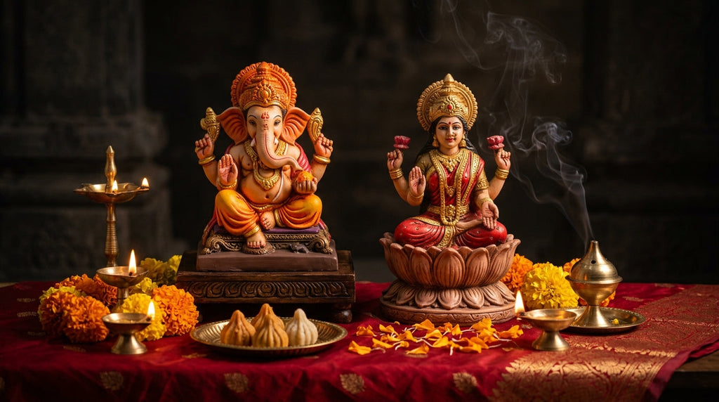 Handcrafted Ganesha and Lakshmi murtis seated side by side on a puja pedestal with diyas and marigolds