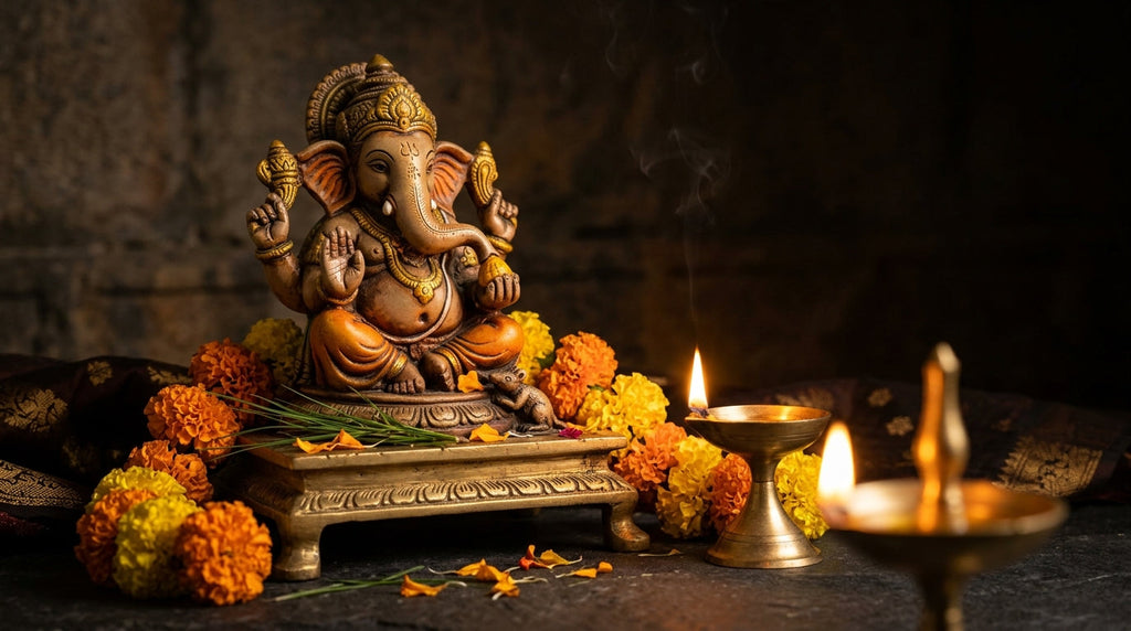 Handcrafted Lord Ganesha idol with modak, mouse, and diya