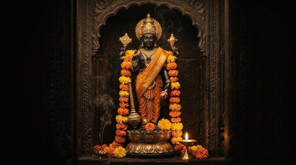 Four-armed Lord Vishnu murti holding chakra, conch, mace and lotus in a mandir niche with diya