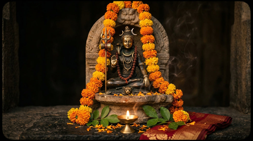 Handcrafted Shiva murti with trishul in a mandir niche with diya and marigolds