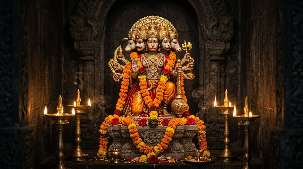 Handcrafted Panchamukhi Hanuman murti with gada in a mandir niche with diyas and marigolds