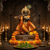 Handcrafted Krishna murti with flute and peacock feather in a mandir niche with diyas and marigolds