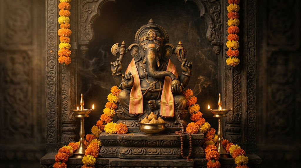 Handcrafted Ganesha murti with axe and modak bowl in a mandir niche