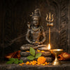 Handcrafted Shiva murti with trishul and crescent moon in a mandir niche