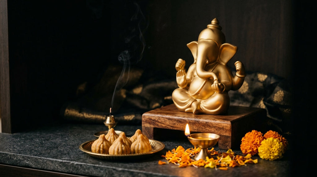 Stylish modern matte gold Ganesha murti with modaks and diya in a home mandir