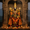Handcrafted Lord Venkateswara Balaji murti in a mandir niche with garlands and diyas