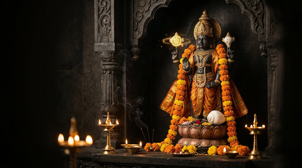 Handcrafted Vishnu murti holding the Sudarshan Chakra in a mandir niche with diyas and marigolds