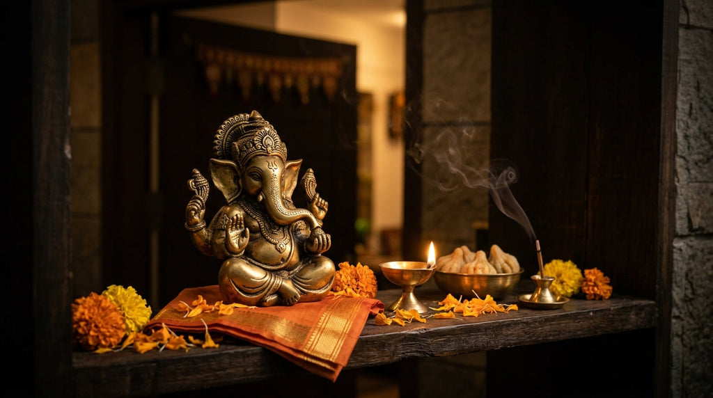 Handcrafted Ganesha murti at a home entrance with diya and modaks