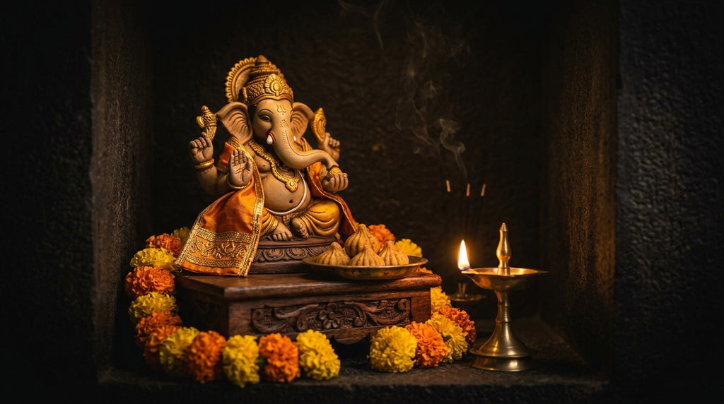 Handcrafted Ganesha murti with modaks and marigold garland in a home mandir
