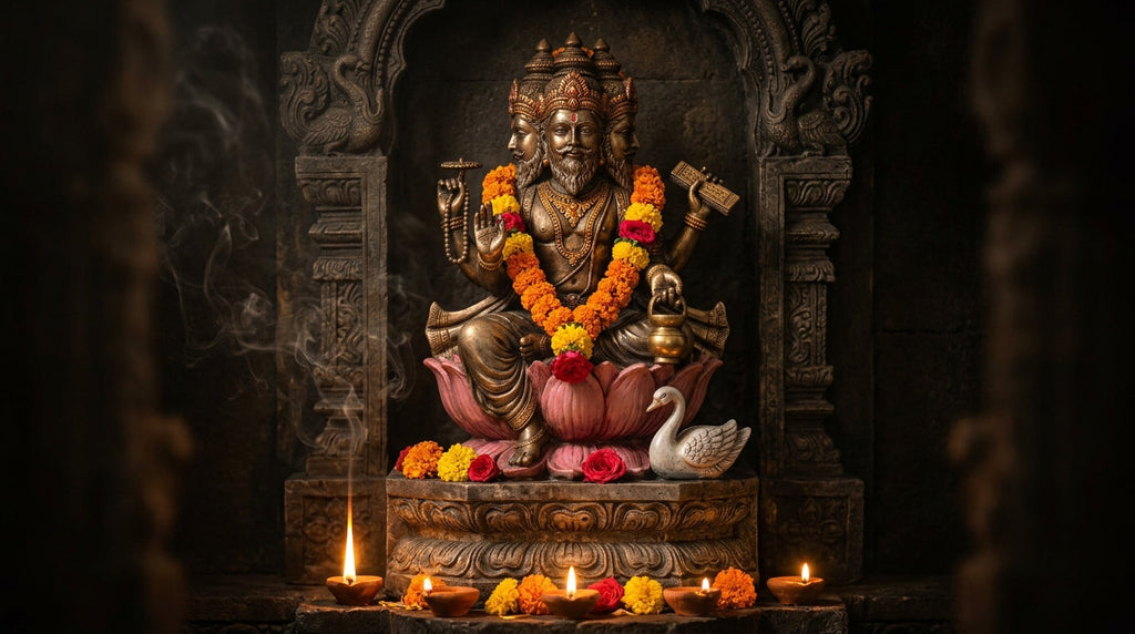 Four-faced Brahma murti seated on a lotus in a temple niche with a swan, diyas and marigolds