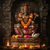 Four-faced Brahma murti seated on a lotus in a temple niche with a swan, diyas and marigolds