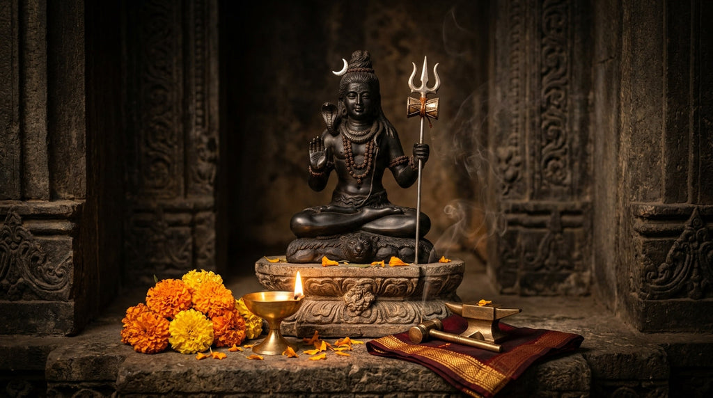 Handcrafted Shiva murti with trishul and crescent moon beside a diya and marigolds