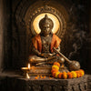 Handcrafted Hanuman murti with gada and marigold garland in a mandir niche