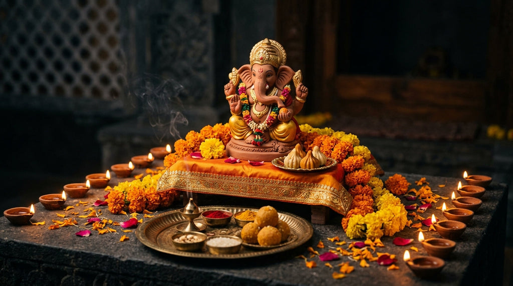 Handcrafted Ganesha murti surrounded by lit diyas and marigold flowers for Diwali