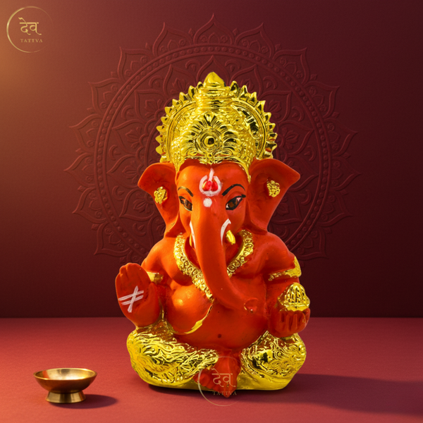 Gold Plated Titwala Ganesha Idol Red – "3.5 inch" Polyresin | Car, Gift, Home | 3-Y Warranty | Dev Tattva