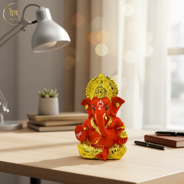 Gold Plated Titwala Ganesha Idol Red – "3.5 inch" Polyresin | Car, Gift, Home | 3-Y Warranty | Dev Tattva