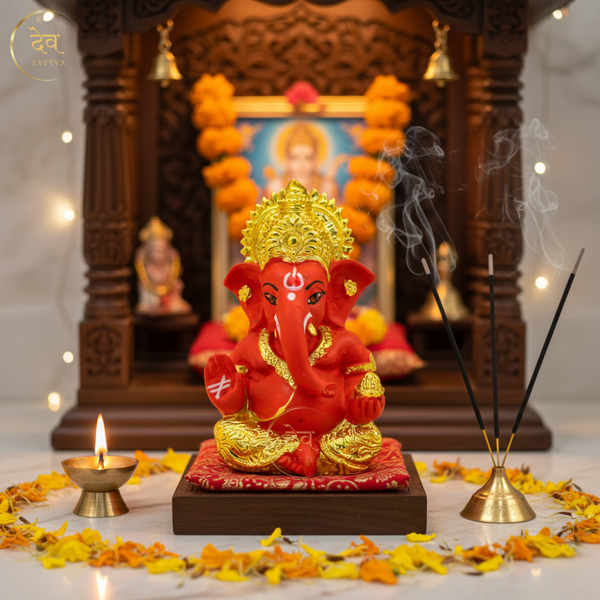 Gold Plated Titwala Ganesha Idol Red – "3.5 inch" Polyresin | Car, Gift, Home | 3-Y Warranty | Dev Tattva