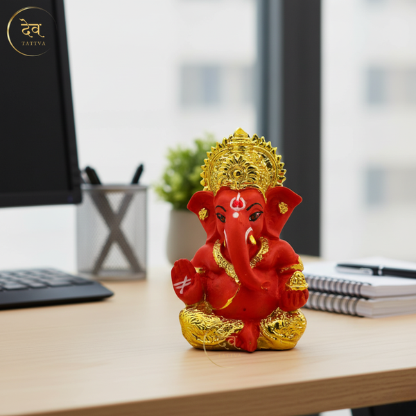 Gold Plated Titwala Ganesha Idol Red – "3.5 inch" Polyresin | Car, Gift, Home | 3-Y Warranty | Dev Tattva