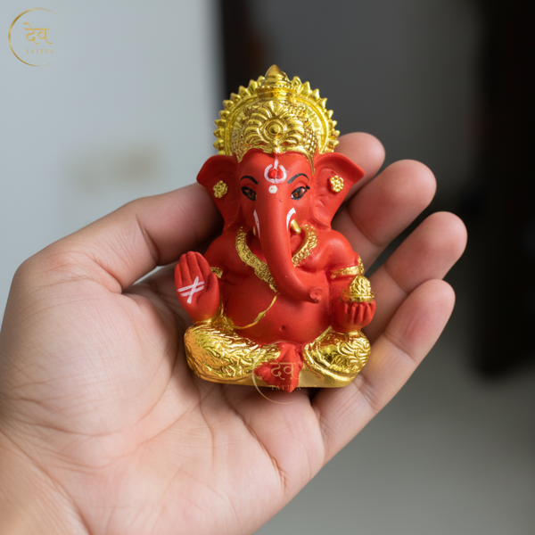 Gold Plated Titwala Ganesha Idol Red – "3.5 inch" Polyresin | Car, Gift, Home | 3-Y Warranty | Dev Tattva