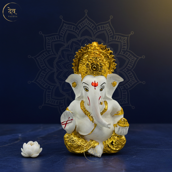 Gold Plated Titwala Ganesha Idol White – "3.5 inch" Polyresin | Car, Gift, Home | 3-Y Warranty | Dev Tattva
