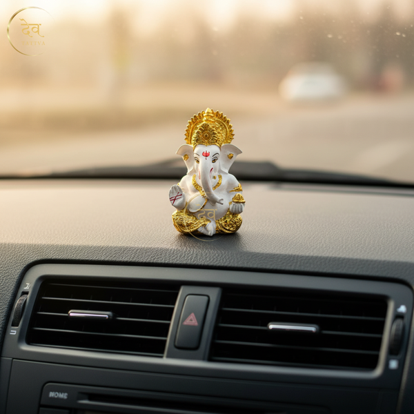 Gold Plated Titwala Ganesha Idol White – "3.5 inch" Polyresin | Car, Gift, Home | 3-Y Warranty | Dev Tattva