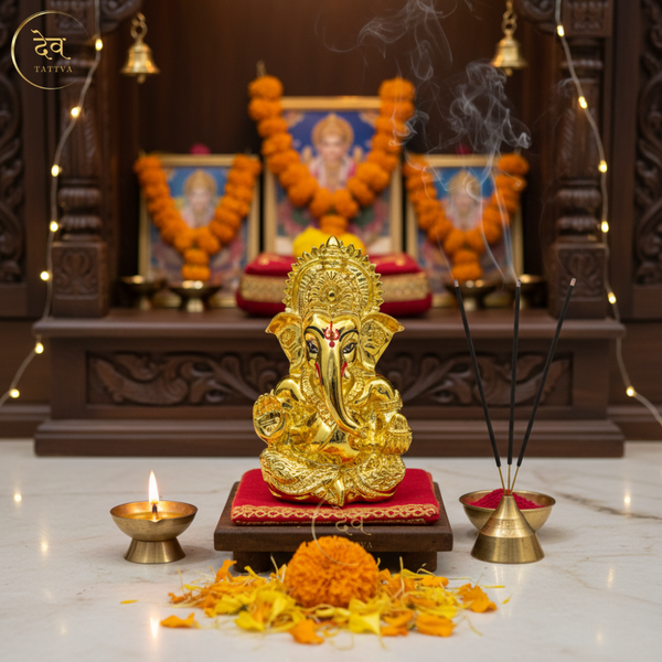 Gold Plated Titwala Ganesha Idol – "3.5 inch" Polyresin | Car, Gift, Home | 3-Y Warranty | Dev Tattva