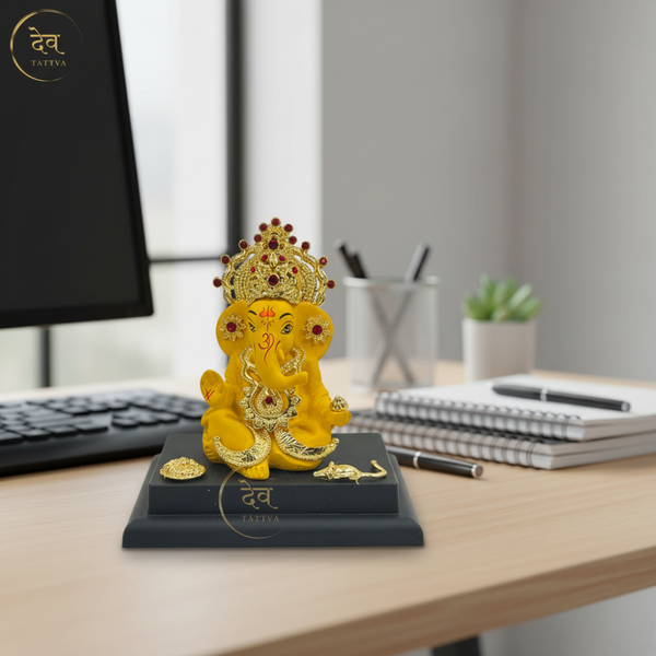 Ganesha Idol Gold Crown With Base Yellow – "4 inch" Polyresin | Car, Gift, Home | 3-Y Warranty | Dev Tattva