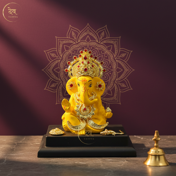 Ganesha Idol Gold Crown With Base Yellow – "4 inch" Polyresin | Car, Gift, Home | 3-Y Warranty | Dev Tattva
