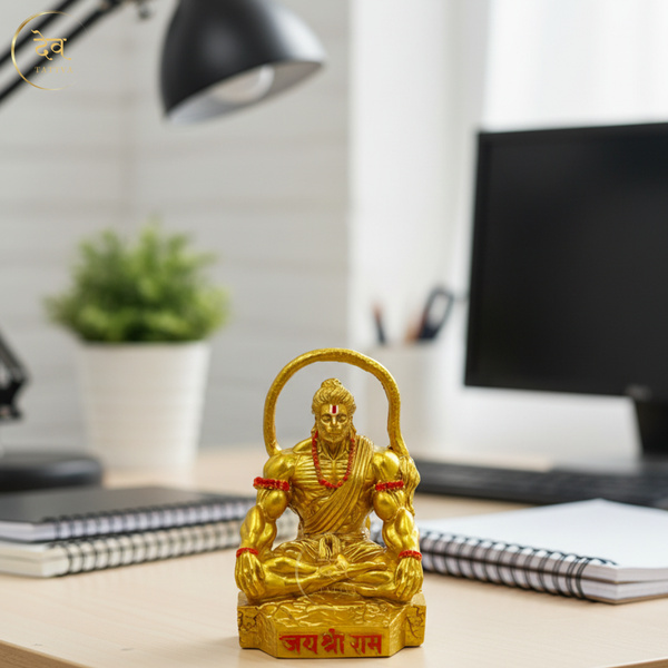 Hanuman Idol Sitting Round Tail Gold – "4 inch" Polyresin | Car, Gift, Home | 3-Y Warranty | Dev Tattva