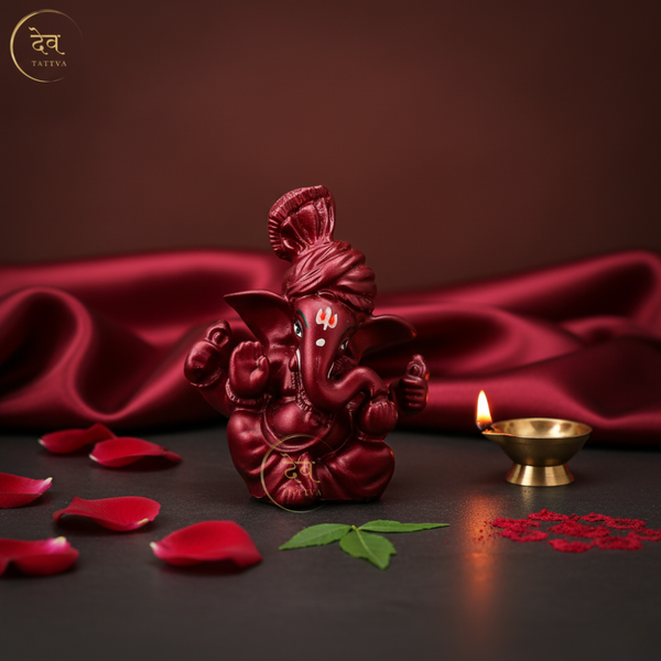 Ganesha Idol Soft Feel Pagdi Maroon – "3.5 inch" Polyresin | Car, Gift, Home | 3-Y Warranty | Dev Tattva