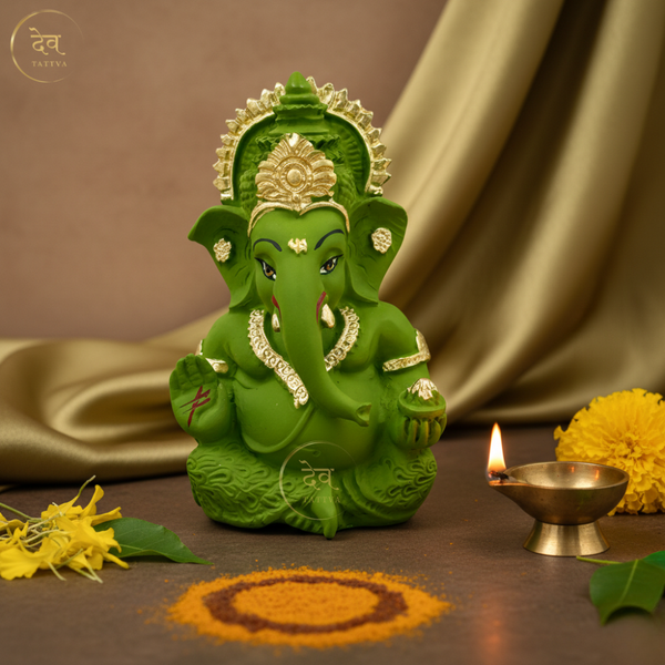 Ganesha Idol Matte Green Gold – "3.5 inch" Polyresin | Car, Gift, Home | 3-Y Warranty | Dev Tattva