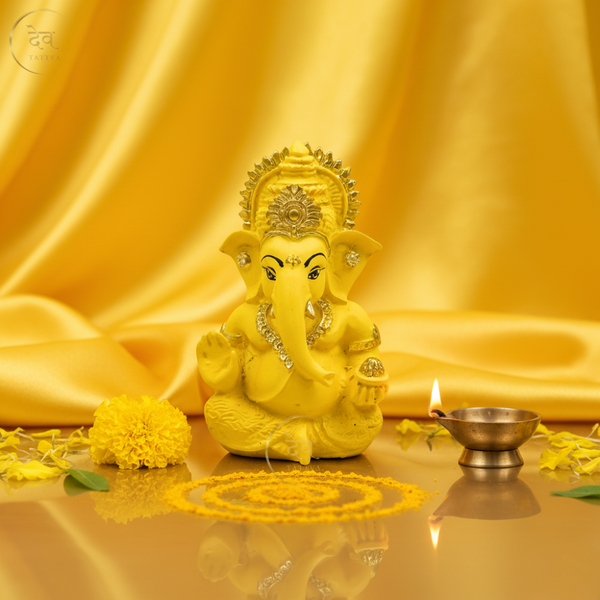 Ganesha Idol Matte Yellow Gold – "3.5 inch" Polyresin | Car, Gift, Home | 3-Y Warranty | Dev Tattva