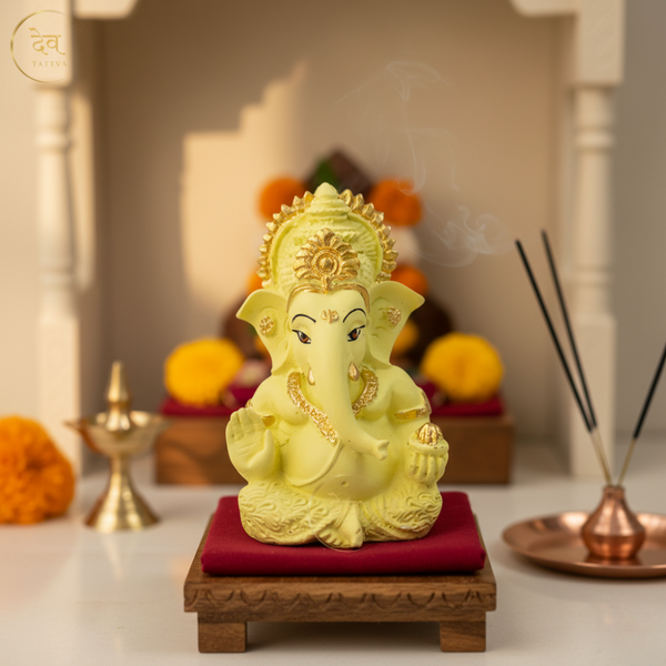 Ganesha Idol Ivory Matte Gold – "3.5 inch" Polyresin | Car, Gift, Home | 3-Y Warranty | Dev Tattva
