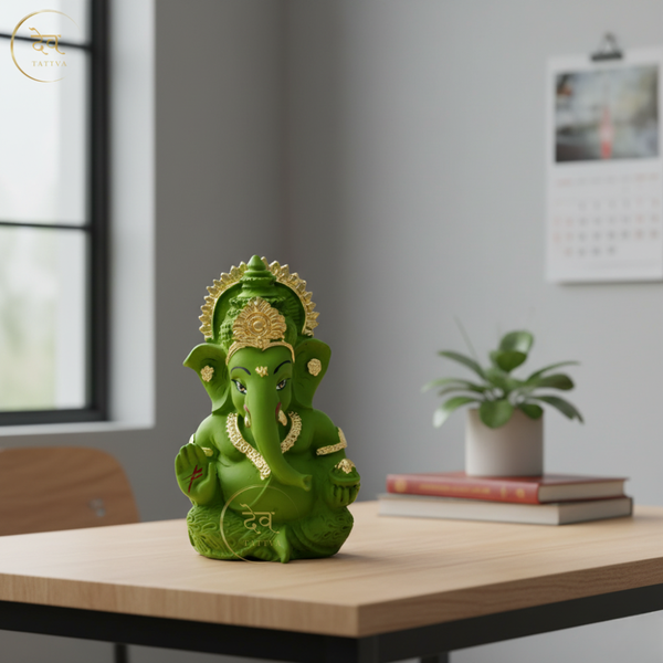 Ganesha Idol Matte Green Gold – "3.5 inch" Polyresin | Car, Gift, Home | 3-Y Warranty | Dev Tattva