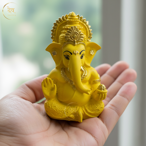 Ganesha Idol Matte Yellow Gold – "3.5 inch" Polyresin | Car, Gift, Home | 3-Y Warranty | Dev Tattva