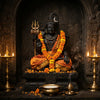Handcrafted Shiva murti with trishul and crescent moon in a mandir niche with diyas and marigolds