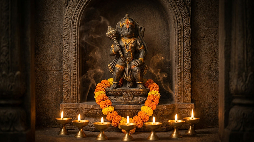 Hanuman murti with gada and seven lit diyas in a mandir