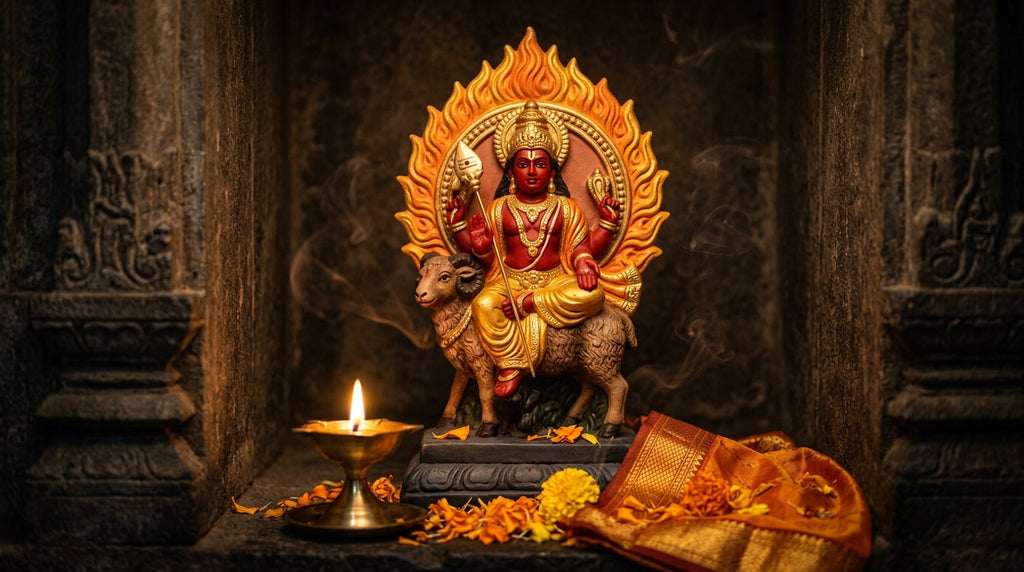 Handcrafted Agni Dev murti seated on a ram holding a spear with flames behind him