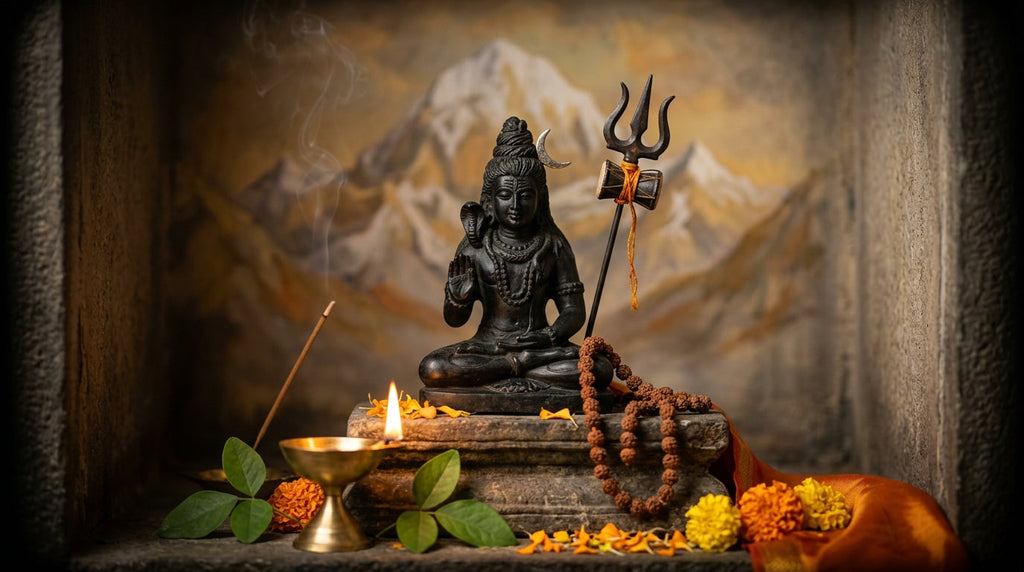 Handcrafted Shiva murti with trishul and crescent moon in a mandir niche with a diya
