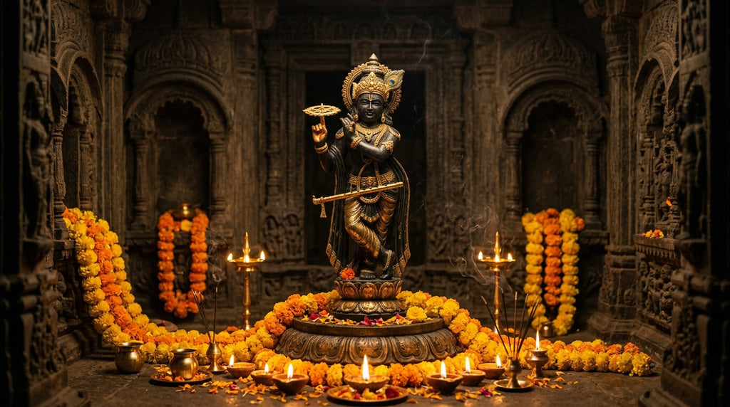 Krishna murti holding the Sudarshan Chakra on his finger in a mandir niche with diyas