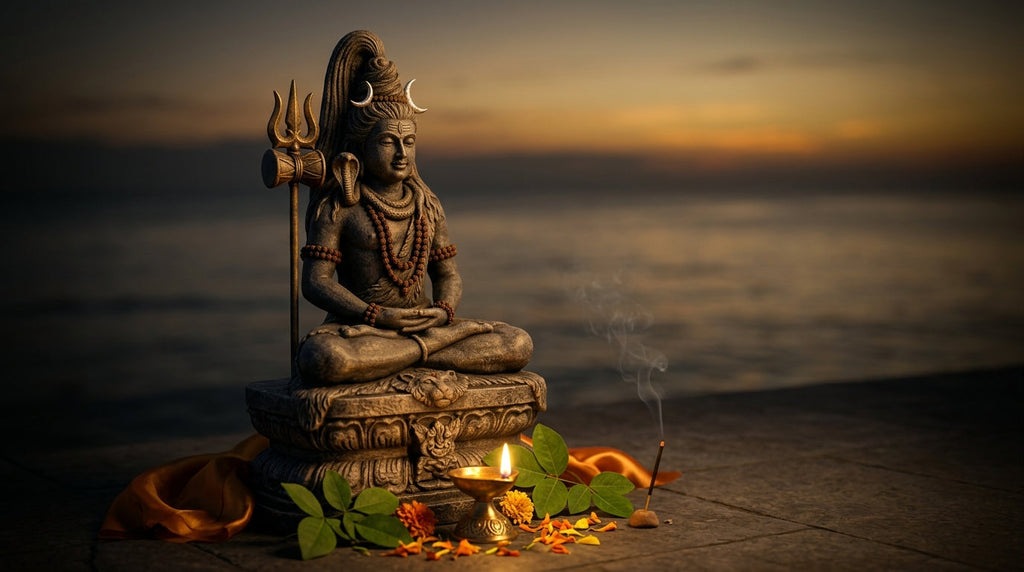 Handcrafted Shiva murti with trishul and crescent moon before a calm dawn ocean