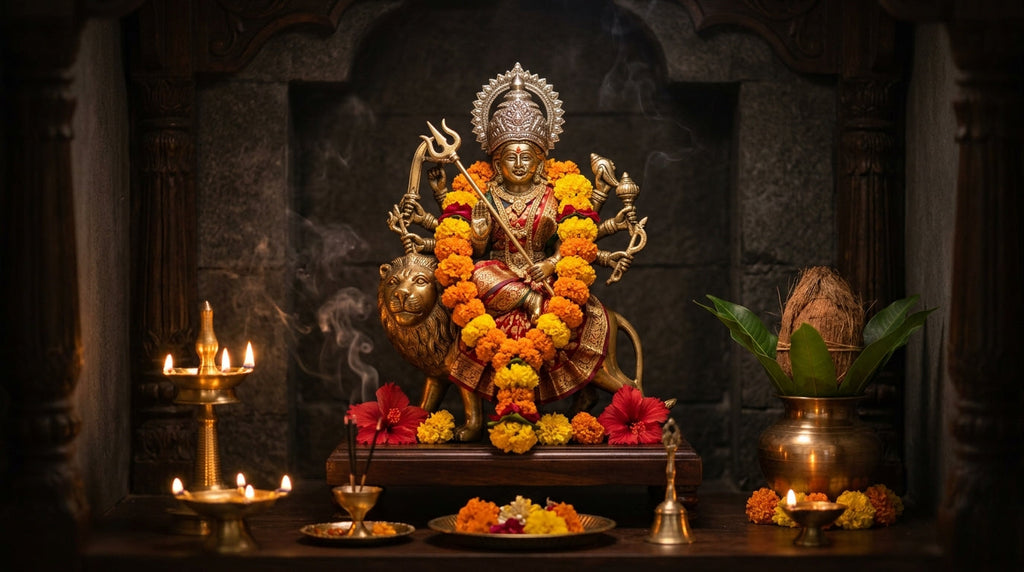 Handcrafted Durga murti on a lion in a home mandir with marigold garlands and diyas