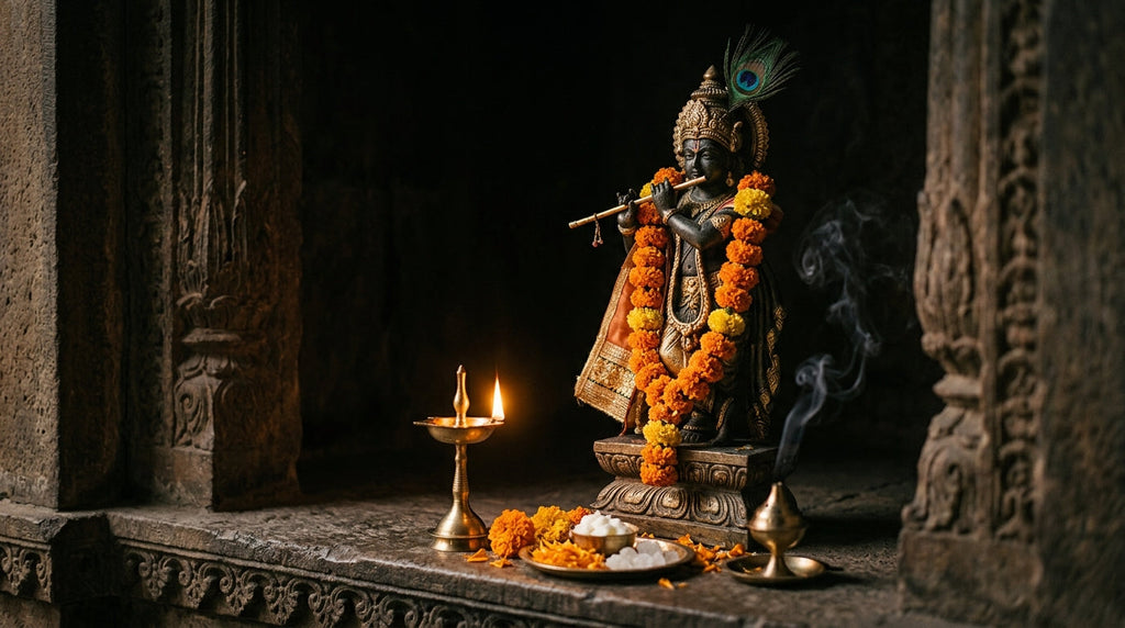 Handcrafted Krishna murti playing the flute in a mandir niche with a peacock feather and diya