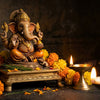 Handcrafted Lord Ganesha idol with modak, mouse, and diya
