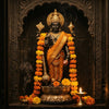 Four-armed Lord Vishnu murti holding chakra, conch, mace and lotus in a mandir niche with diya